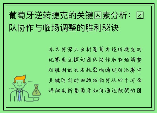 葡萄牙逆转捷克的关键因素分析:团队协作与临场调整的胜利秘诀 葡萄牙逆转捷克的关键因素分析:团队协作与临场调整的胜利秘诀
