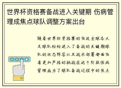 世界杯资格赛备战进入关键期 伤病管理成焦点球队调整方案出台 世界杯资格赛备战进入关键期 伤病管理成焦点球队调整方案出台