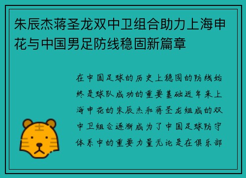 朱辰杰蒋圣龙双中卫组合助力上海申花与中国男足防线稳固新篇章 朱辰杰蒋圣龙双中卫组合助力上海申花与中国男足防线稳固新篇章